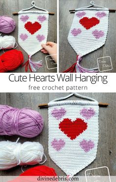 crochet hearts hanging on the wall with yarn in it and two pictures showing how to