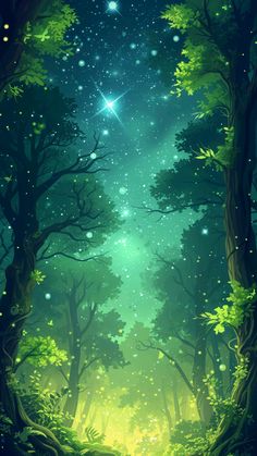 a green forest filled with lots of trees under a star filled sky above the ground