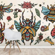 a wall mural with bugs and flowers on it