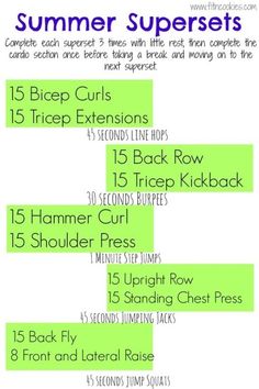 the printable summer supersets workout plan is shown with instructions for each exercise