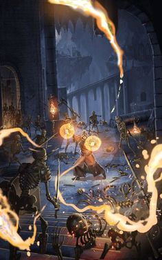 an image of a game scene with fire coming out of the ground and people in costume