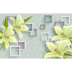 two yellow lilies in front of a green wall with squares and frames on it