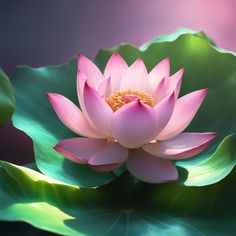 a large pink lotus flower sitting on top of a green leaf