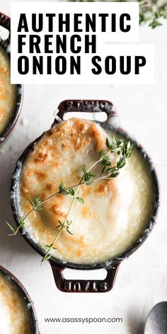 three cast iron pans filled with french onion soup