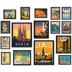 an assortment of vintage travel posters are displayed on the wall in this photo collage