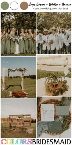 the wedding party is all dressed in green and white