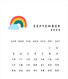 a calendar with a rainbow and clouds on it