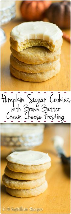 pumpkin sugar cookies with brown butter cream cheese frosting are stacked on top of each other