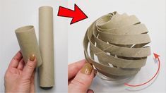 two pictures showing how to make an origami ball out of toilet paper and tape