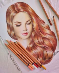 a drawing of a woman's face with colored pencils next to it