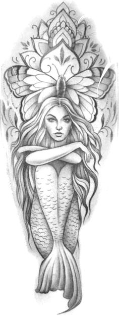 a drawing of a mermaid with her arms wrapped around it's neck and head