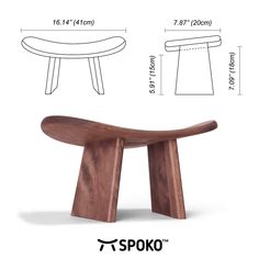 a wooden bench with measurements for the seat and footrests, including an oval shaped table