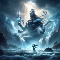 a man standing in the middle of a river next to a giant monster with horns