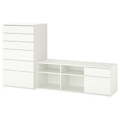 two white drawers and a cabinet against a white background