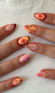 Fun Oval Nail Designs, Beachy Fall Nails, Tomato Nail Art, Simple Tropical Nails, Nails Acrylic Summer 2024, Cute Thanksgiving Nail Designs, Short Funky Nail Designs, Tropical Christmas Nails, Nails For Hawaii