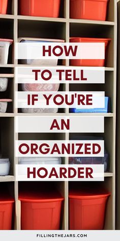 an organized storage area with red bins and plastic containers on the bottom shelf, text reads how to tell if you're an organized hoarder