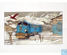 a blue train traveling down tracks next to snow covered mountains and wooden buildings in the background