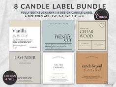 the 8 candle label bundle includes four different labels, one for candles and two for candles