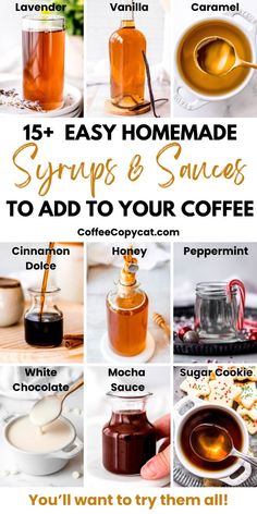 an advertisement for syrups and sauces to add to your coffee or hot chocolate