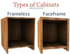 two wooden shelves with the words types of cabinets on them