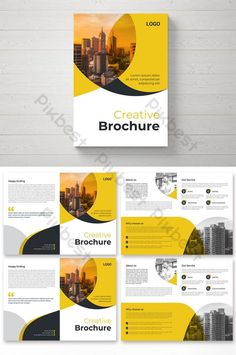 a brochure is shown with yellow and black shapes on the front, back and side