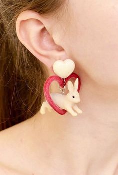 Bunny Cruelty Free Pink Heart Pet Lover Animal Cute Velvet Rabbit Earrings - Froppin Bunny Heart, Beautiful Beaded Jewelry, Rabbit Earrings, Red Heart Earrings, Pink Donuts, Bunny Earrings, Pet Rabbit, Free Earrings, Colorful Earrings