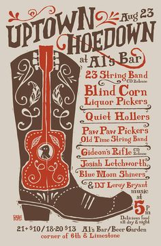 the poster for an upcoming event with cowboy boots and other things to see on it