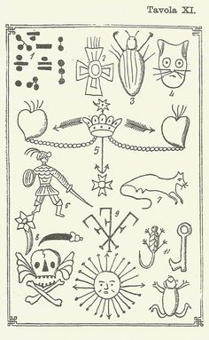 an old book with drawings on it and some symbols in the middle one is black and white