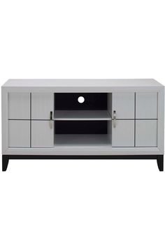 a white entertainment center with an open door on the front and bottom shelf, black accents