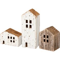 three small wooden buildings are shown on a white background