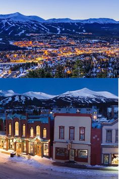 there are two pictures of the same town at night and in the day, it is snowing