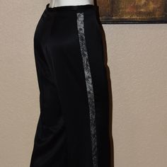 Sleek Fit Oscar De La Renta Pants Perfect For Work Or Special Occasion Accented With Black Tuxedo Style Laced Pants * Straight Leg Design Of Luxe Polyester/Acetate Blend * Banded Waist * Concealed Back Zipper With Hook-Eye* Back Waist Darts * Made In The Usa * 85% Acetate - 15% Polyester Measurements Pants: Size 6p Made In Usa Inseam: 27” Waist: 28” Hips: 38" Rise: 11" Pant Leg Opening: 22" Gently Worn - In Excellent Condition Free From Damage, Stains Or Odor Measurements Are All Taken With Garment Lying Flat And Outstretched Thank You, For Supporting My Small Business! Comes From Smoke Free Pet Free Home Formal Satin Pants For Spring, Fitted Silk Bottoms For Formal Occasions, Formal Satin Stretch Bottoms, Formal Black Satin Bottoms, Black Satin Bottoms For Formal Occasions, Fitted Satin Wide Leg Evening Pants, Fitted Satin Wide Leg Pants For Evening, Formal Fitted Silk Pants, Formal Silk Fitted Pants