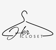 a black and white photo of a hanger with the word her closet on it