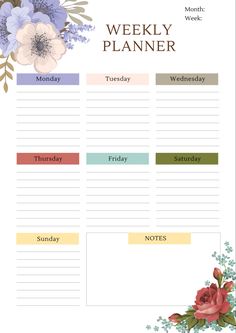 a printable weekly planner with flowers on it