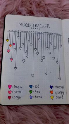 an open notebook with hearts hanging from the strings and words that spell out mood tracker