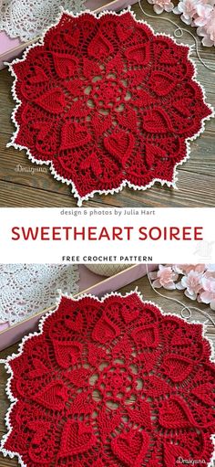 crocheted doily with the words sweet heart soiree on it