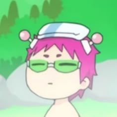 a cartoon character with pink hair and green glasses