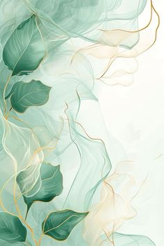 an abstract background with green leaves and gold lines