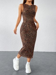 Women's Sexy Leopard Print Bodycon Split Dress Brown Sexy  Sleeveless Knitted Fabric Leopard Print,Textured Pattern Tank High Stretch  Women Clothing, size features are:Bust: ,Length: ,Sleeve Length: Business Casual Sundress, Ribbed Bodycon Dress Outfit, Vestido Animal Print, Printed Dress Outfit, Body Con Dress Outfit, Casual Sundress, Backless Bodycon Dresses, Ribbed Bodycon Dress, Cheetah Print Dress