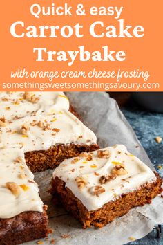 A carrot cake traybake with cream cheese frosting. Carrot Cake Slice Recipe, Carrot Tray Bake, Easy Carrot Cake Recipe Uk, Carrot Cake Recipe Uk, Easy Sweet Traybakes, Easy Tray Bakes Cakes, Vegan Tray Bake Cake, Carrot Cake Tray Bake, Tray Bakes Recipes