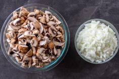 mushrooms and cottage cheese are in bowls on the counter top, ready to be cooked