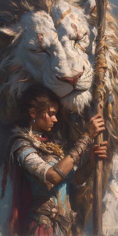 a painting of a woman hugging a white lion's head and holding a stick