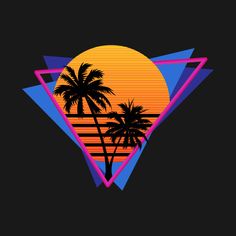 a sunset with palm trees and the sun in the background, on a black background