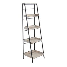 a black and white ladder shelf with three shelves on each side, against a white background