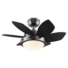 a ceiling fan that is on top of a white wall with black blades and lights