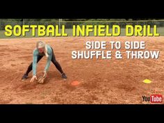 a softball player kneeling down to catch a ball with the words softball infield drill side to side shuffle and throw