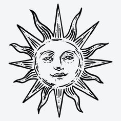 a drawing of the sun in black and white