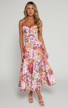 Robertson Midi Dress - Strappy Sweetheart Bustier Flare Dress in Spring Floral | Showpo USA Dresses For The Races, Dress Code Wedding, Derby Dress, Guest Attire, Wedding Attire Guest, Wedding Guest Outfit Summer, Floral Dress Summer, Guest Outfit, Outfit Summer