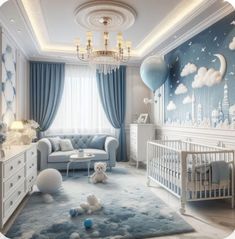 a baby's room decorated in blue and white