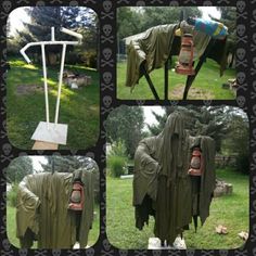 four pictures of different things in the yard, including an ironing board and clothes